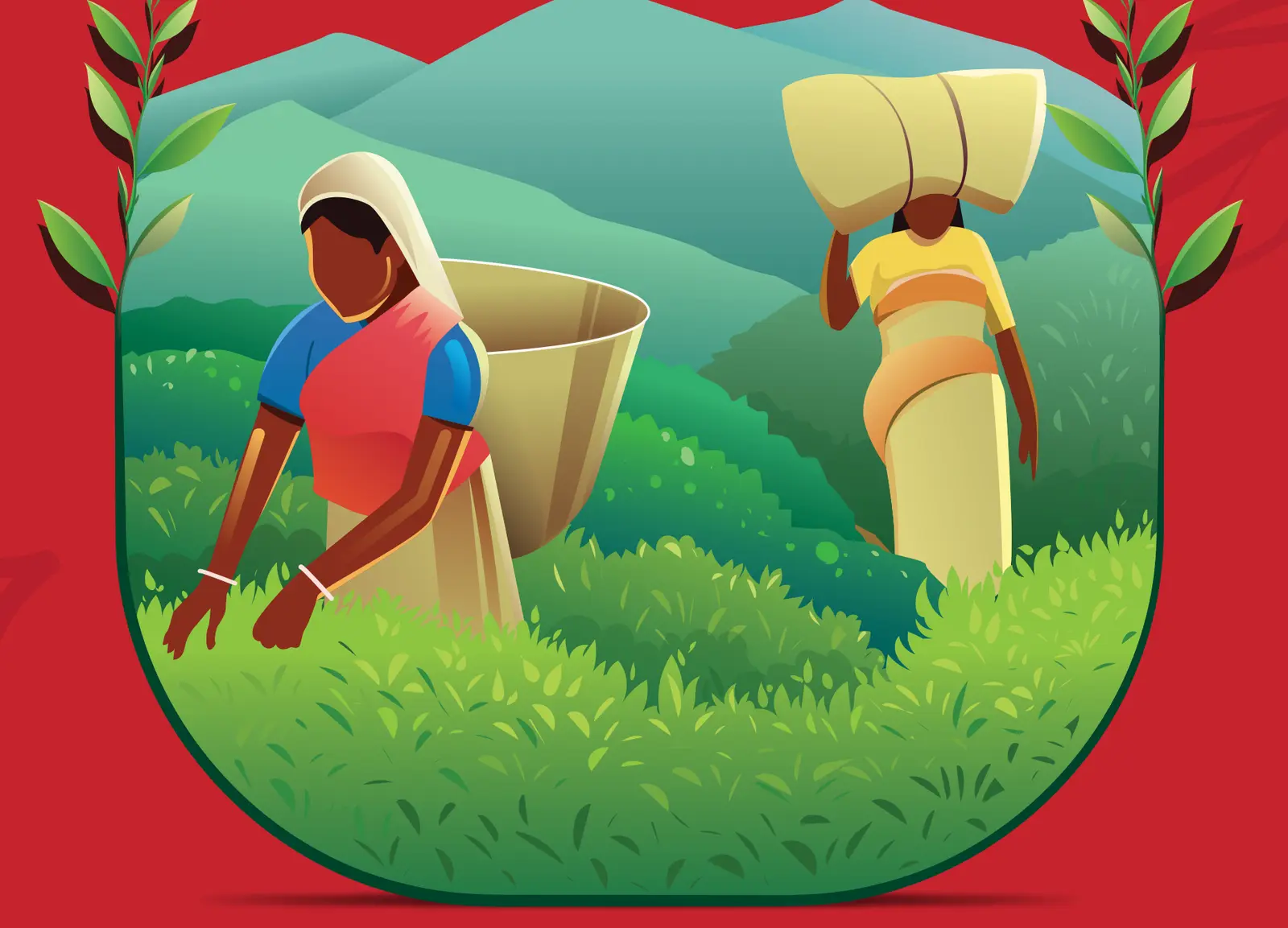 Illustration of tea workers among Kerala highland tea gardens