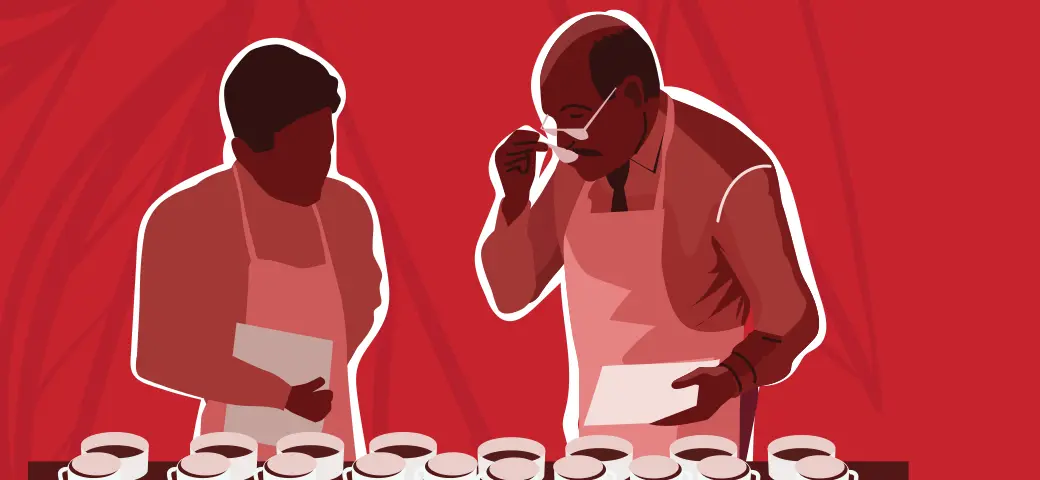 Illustration of two Broons tea tasters comparing a row of cups
