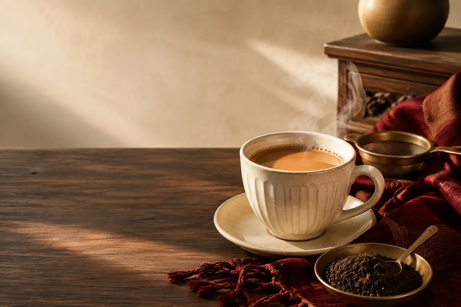 A prepared cup of tea with loose tea leaves and a strainer