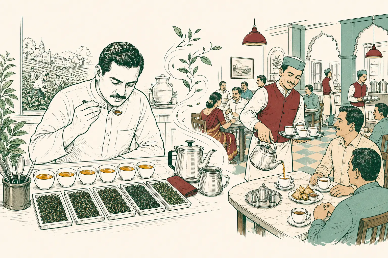 A tea taster studying tea leaves and prepared cups beside a busy hospitality service