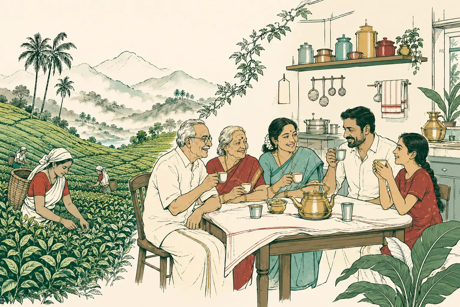 Three generations sharing tea in a Kerala home overlooking tea-covered hills