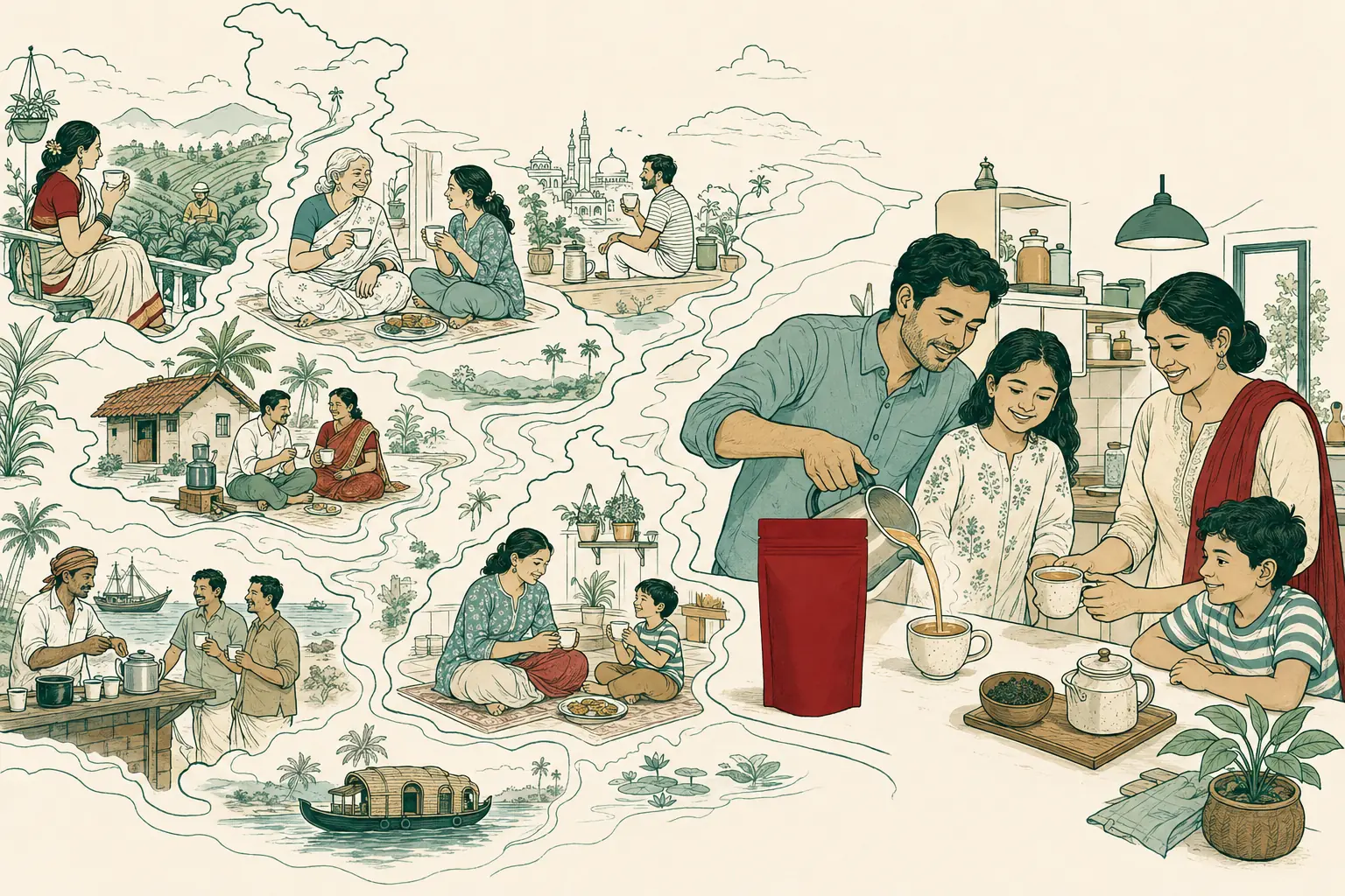 Different Indian household tea rituals flowing toward a contemporary family cup